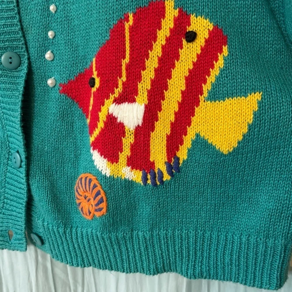 Quacker Factory Vintage Fish Pearl Cardigan Sweater Women Sz Small